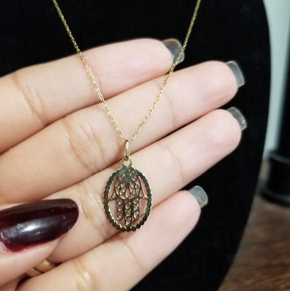 💎14KT YELLOW GOLD HAMSA HAND PENDANT WITH CHAIN - Picture 2 of 11